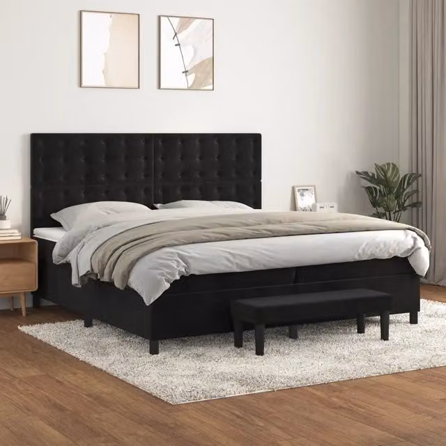 Letto Ibrido vidaXL con Giroletto a Molle e Materasso in Velluto Nero e Bianco L/P/H: 200 x 200 x 128 cm