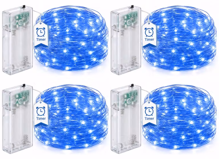 Catena luminosa a LED, confezione da 4, lunghezza 3 metri, 30 LED, alimentazione a batteria, timer, colore blu
