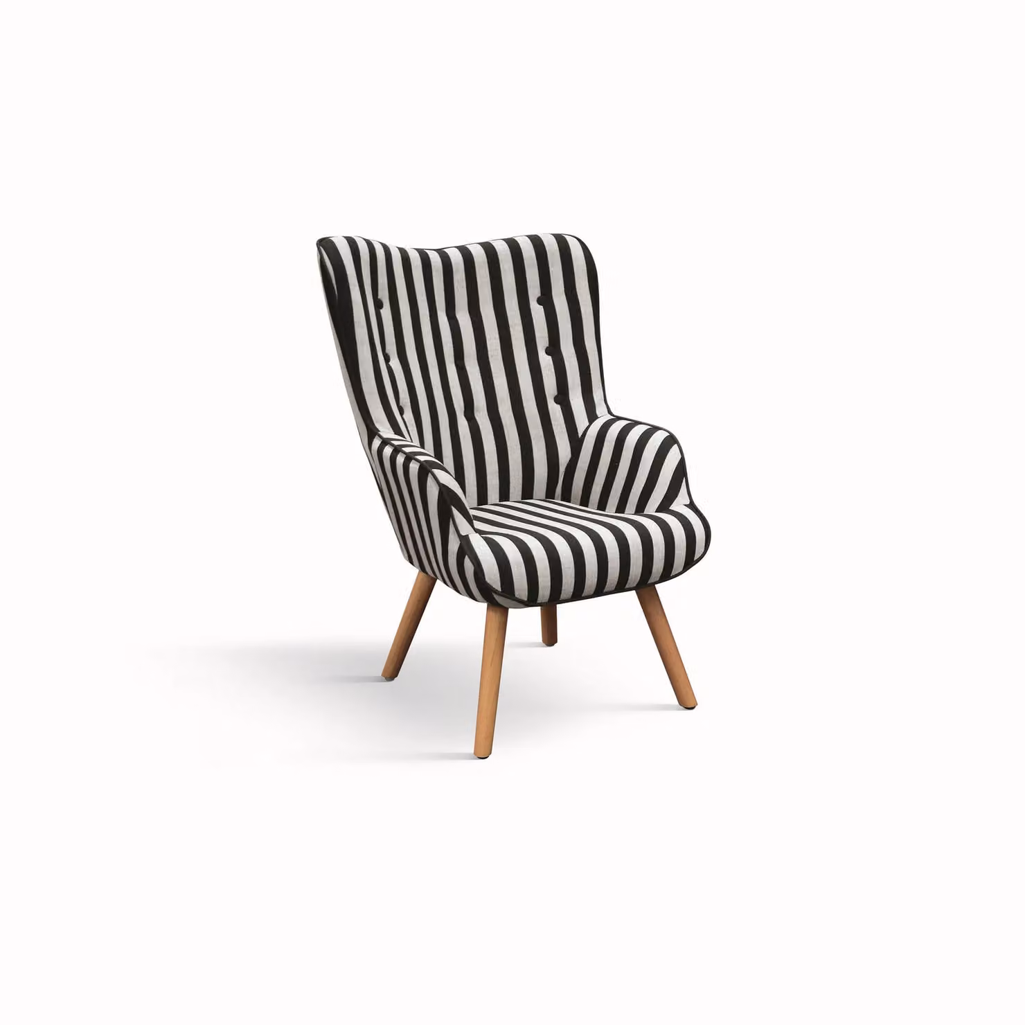 Poltrona HAVANA in tessuto a righe bianco e nero e gambe in legno