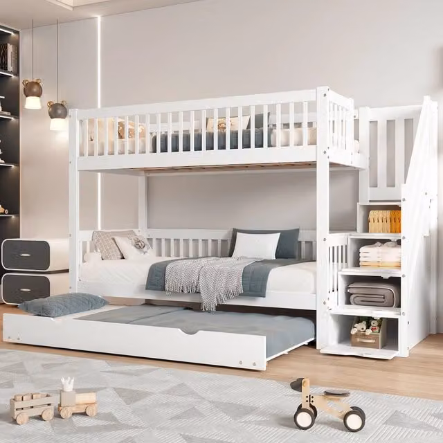 Letto a castello per bambini con letto a ruote, scala armadio con corrimano, protezione anticaduta su tutti i lati, pino e MDF - Bianco 90x200/190 cm
