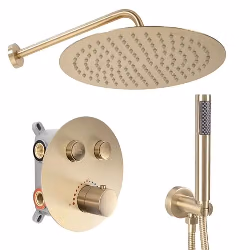 Rea - Set Doccia Da Incasso Lungo Brush Gold Box Sistema Doccia In Ottone Per Bagno (Oro Spazzolato) 51,5x30x39,5cm