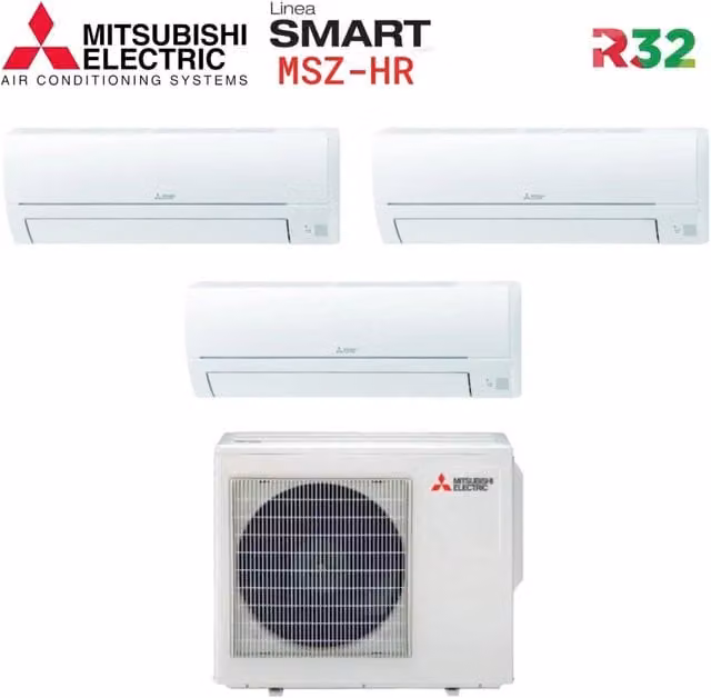 Condizionatore Trial Split Mitsubishi Electric Smart MSZ-HR 9+9+9 con MXZ-3HA50VF, Classe Energetica A++, Disponibile in Bianco o Nero con Controllo via App e Wi-Fi Optional