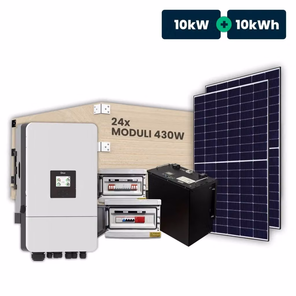 Kit Fotovoltaico Trifase Deye 10kW con Inverter Ibrido, 24 Moduli 400W TIER-1 (9.6kW) Full Black, Accumulo LFP 10kWh e Quadri DC/AC – 2