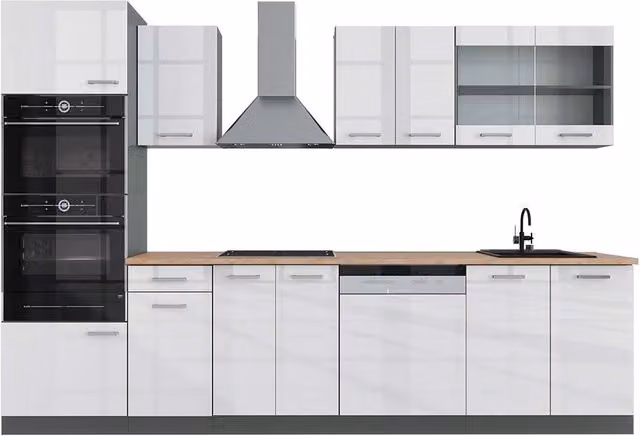 Cucina componibile moderna R-Line Vicco Bianco lucido e Antracite con armadio alto, L: 300 cm, H: 206,8 cm, P: 60 cm – 1