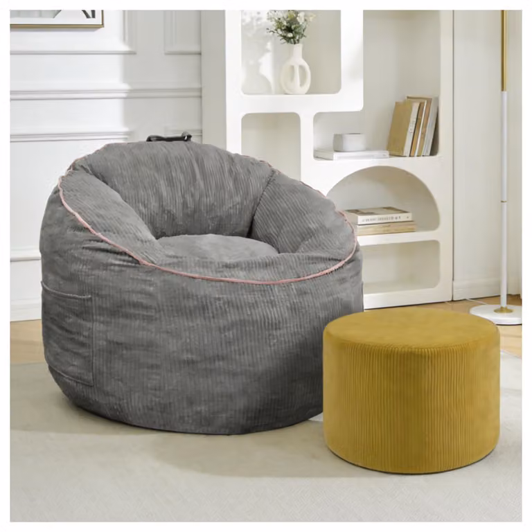 MODFU: Pouf con tasca portaoggetti e poggiapiedi cilindrico coordinato, poltrona relax con design ergonomico, ideale per il soggiorno o il balcone, colore grigio