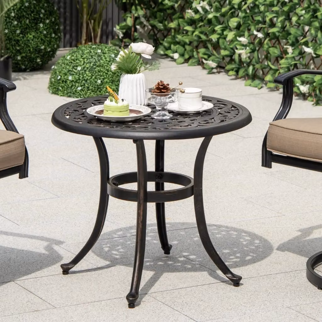 Tavolino da giardino rotondo in alluminio pressofuso marrone con piedini regolabili per esterno e balcone L: 60 cm, P: 60 cm, H: 53 cm – 2