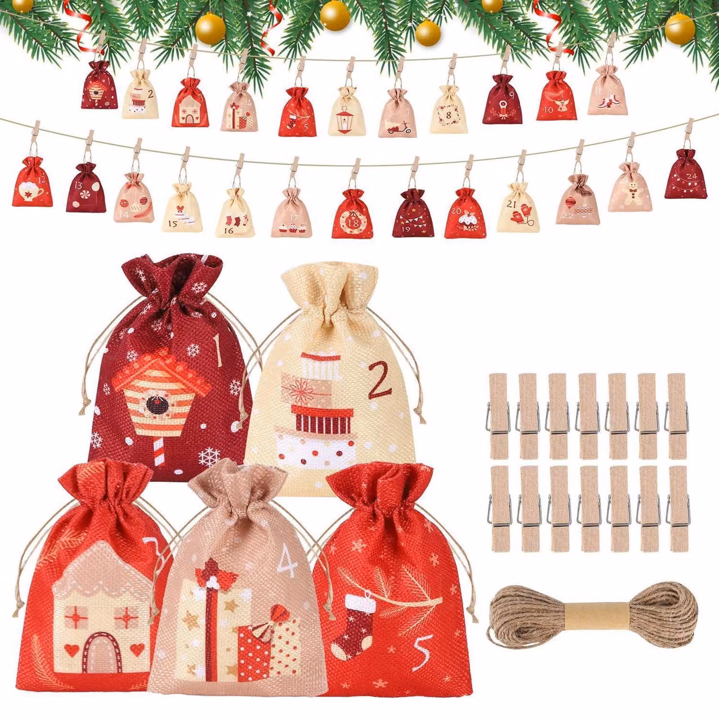 Calendario dell'Avvento da riempire: 24 sacchetti regalo con mollette di legno e corda di canapa, dimensioni 10x15 cm, cotone, Natale 2026