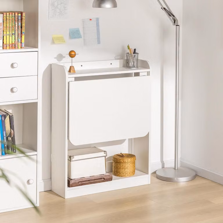 Scrivania pieghevole a muro con ripiani - FWT92 - Legno - Stile moderno - Scrivania da ufficio/computer - Larghezza 102-152 cm - Bianco