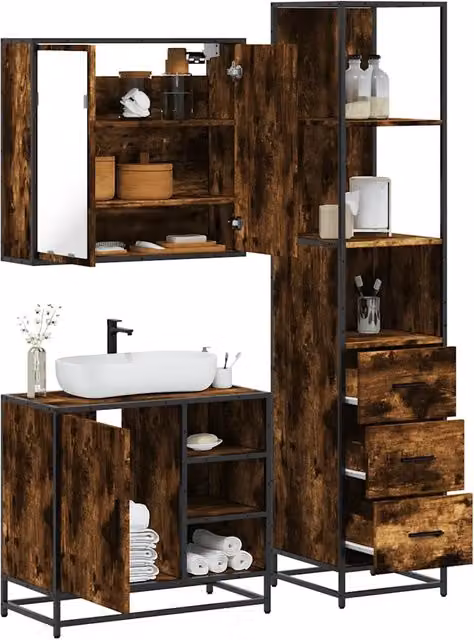 Set Mobili da Bagno 3 pz Rovere Fumo in Legno Multistrato 3301147