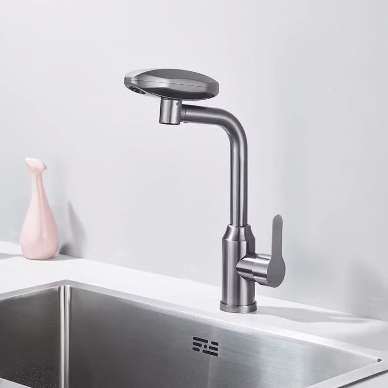 Miscelatore per lavello da cucina - Miscelatore per lavabo - Miscelatore monocomando - Acqua calda e fredda - Bocchetta a cascata - Cartuccia in Vetroceramica - Montaggio rapido - Grigio