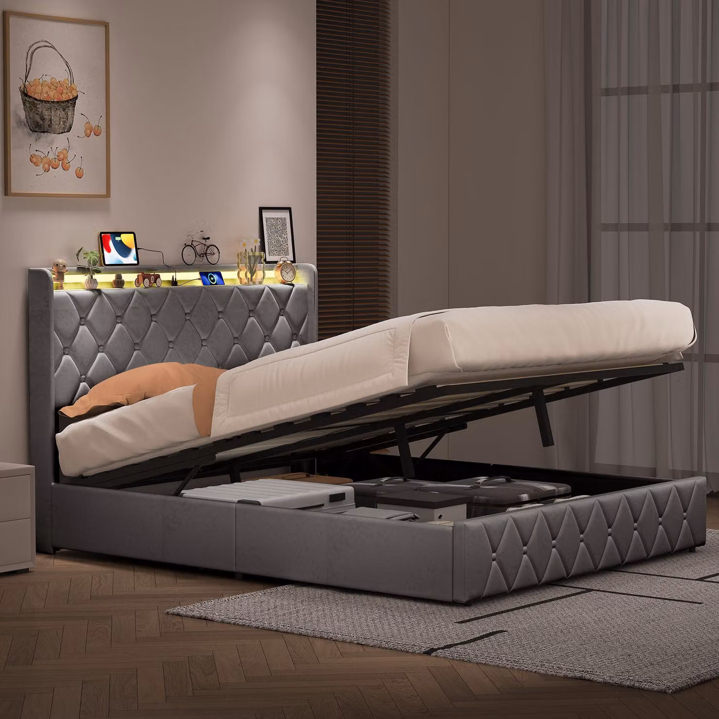Letto imbottito UnboxG 140x200 con USB e porta Type C, letto a molle con rete a doghe, letto per ragazzi con LED, letto matrimoniale con spazio contenitore a sollevamento idraulico, in velluto, colore grigio