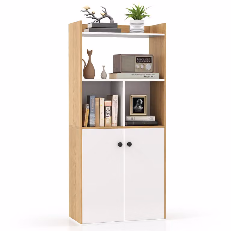Libreria COSTWAY con armadio a doppia anta, ripiano alto a 3 livelli con vani a giorno, armadio ad ante indipendenti 60 x 30 x 140 cm