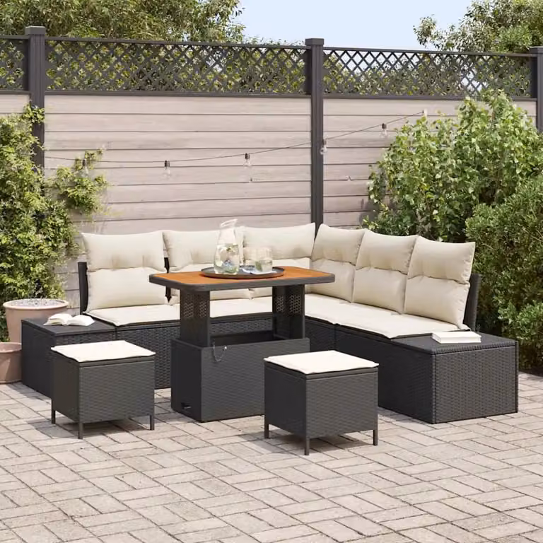 Set Divano da Giardino a L vidaXL 8 Pezzi Nero con Cuscini e Tavolino in Polyrattan e Acciaio