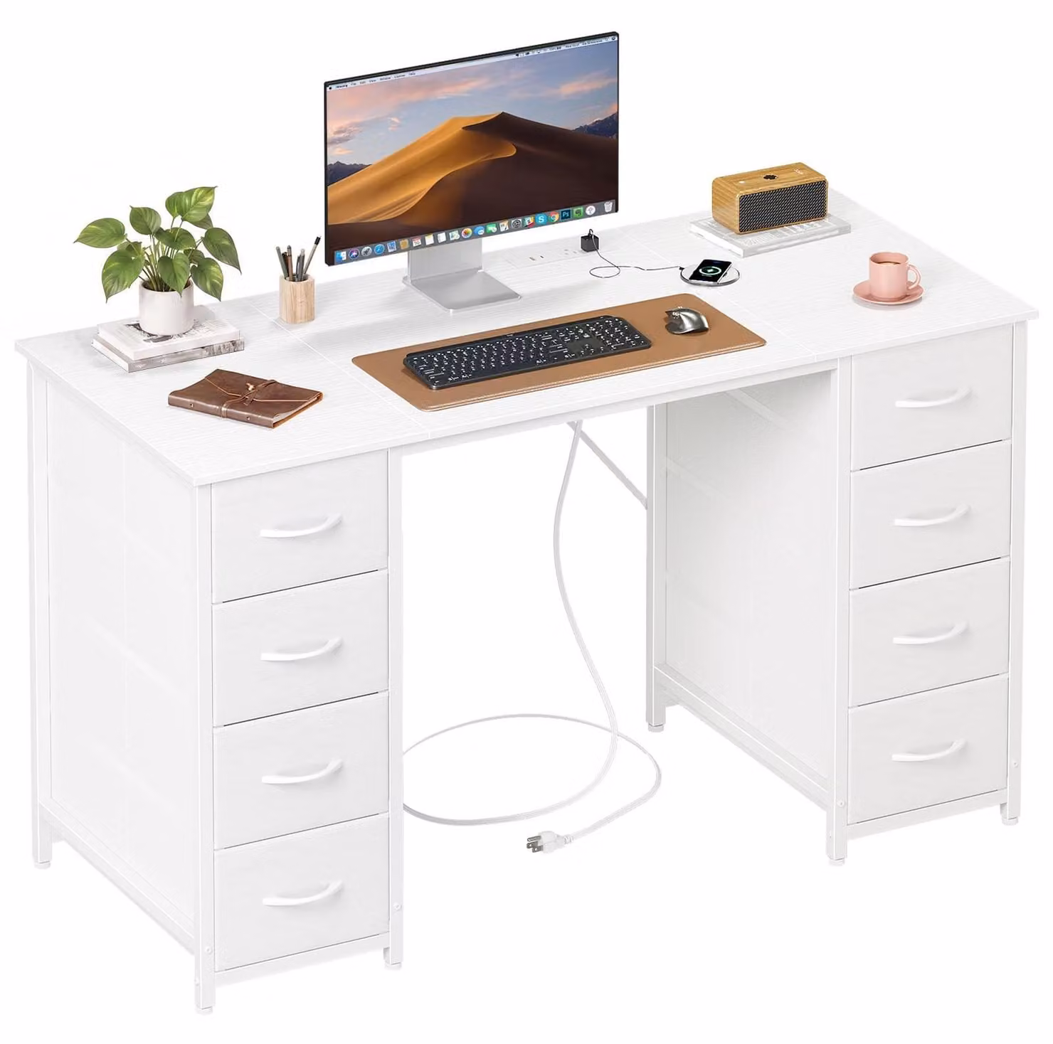 Scrivania gaming - 120 x 48 cm - 8 cassetti in tessuto - Presa di corrente - Bianco