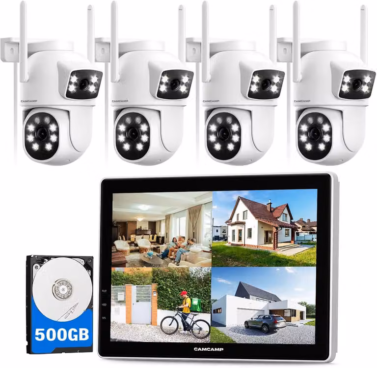 Kit di videosorveglianza WiFi a 10 canali, con registratore NVR 4K, monitor da 10 pollici, hard disk da 500 GB, 1 telecamera IP PTZ da 2MP con alimentazione, visione notturna a colori, audio bidirezionale e funzionalità automatiche