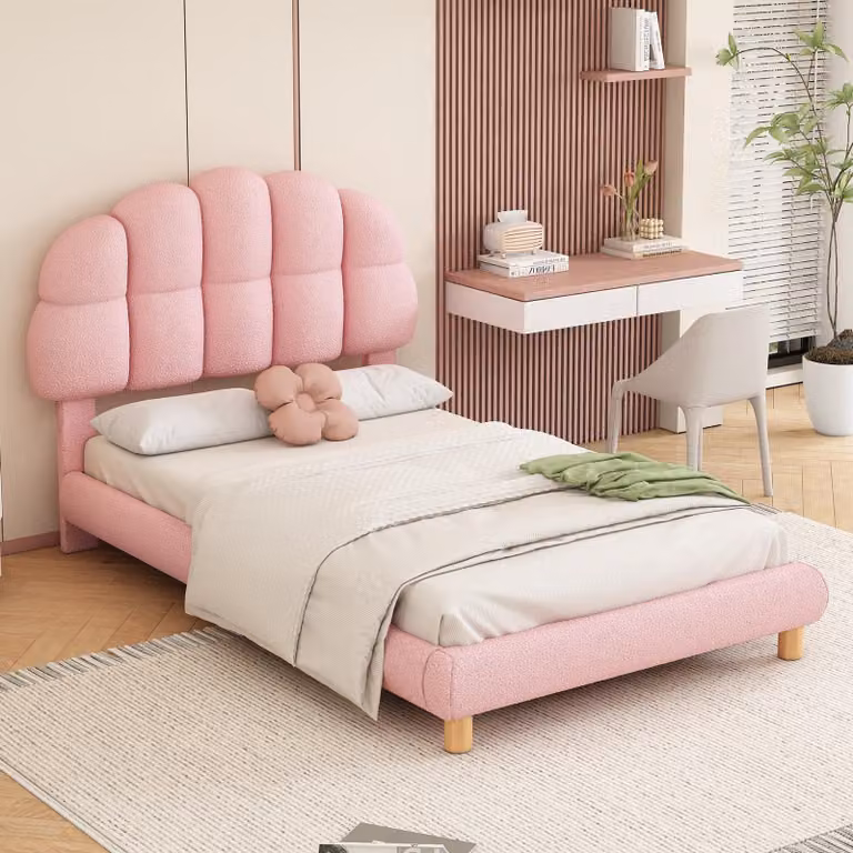 Letto imbottito 90x200 cm con schienale regolabile, rivestito in tessuto bouclé, con 12 listelli e supporti centrali, adatto a bambini e adolescenti, colore rosa/bianco