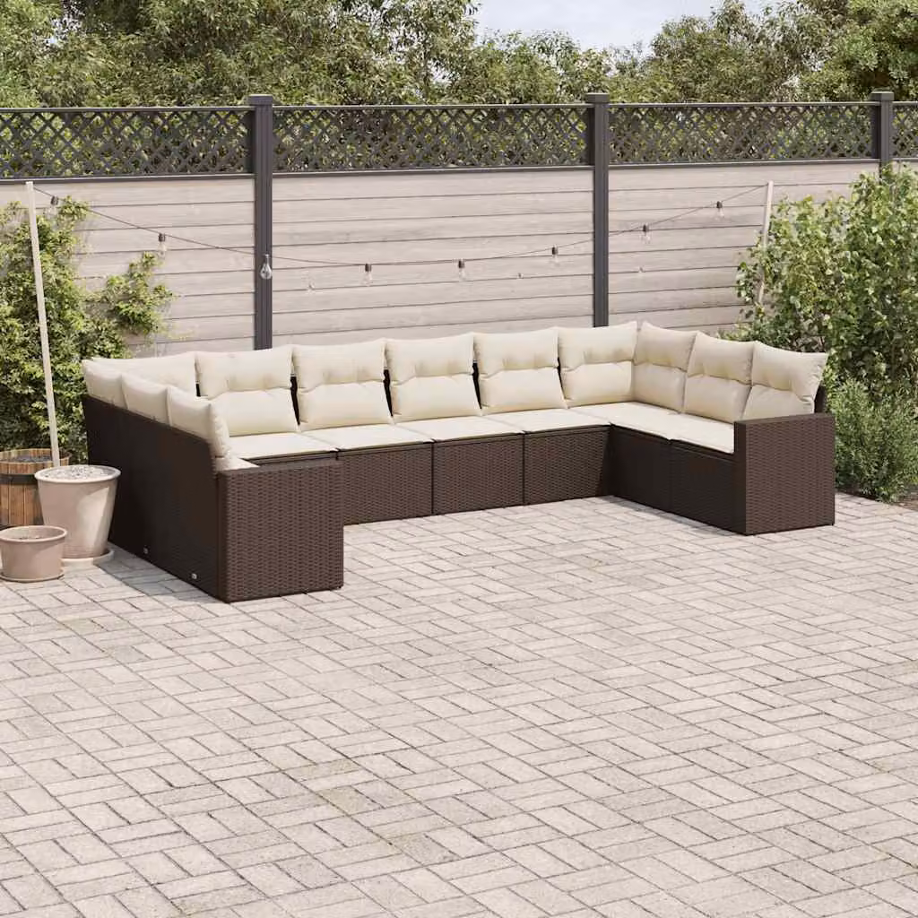 vidaXL Set Divani da Giardino 10pz Moderno in Polyrattan Marrone e Bianco con Cuscini Inclusi e Rivestimenti Rimovibili – 1