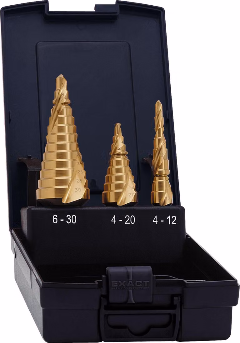 Set di punte a gradino EXACT Ø 4-12/4-20/6-30 mm, spirale, HSS-TiN, 3 pz.