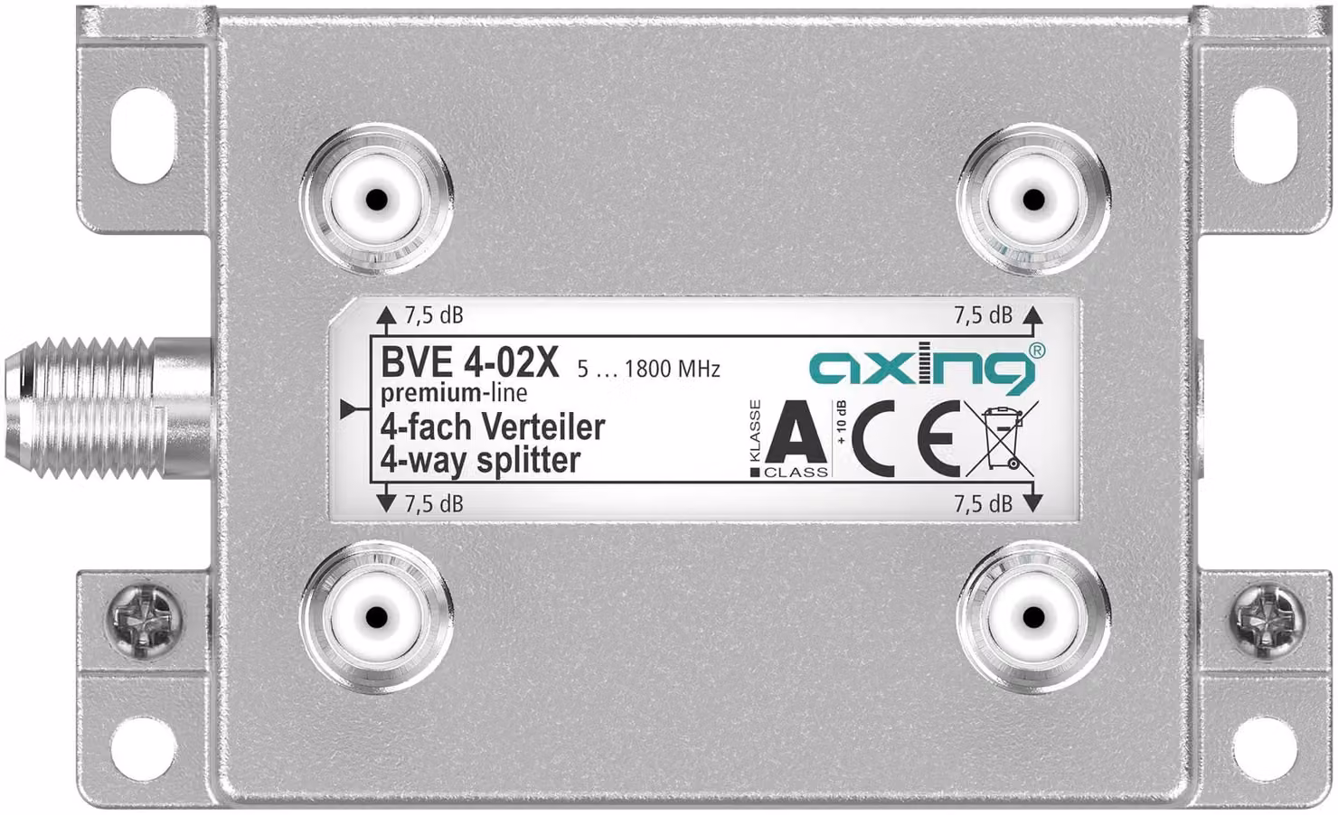 Axing BVE00402X, Splitter, 75 ohm, 5 - 1800 MHz, Alluminio, Femmina, A