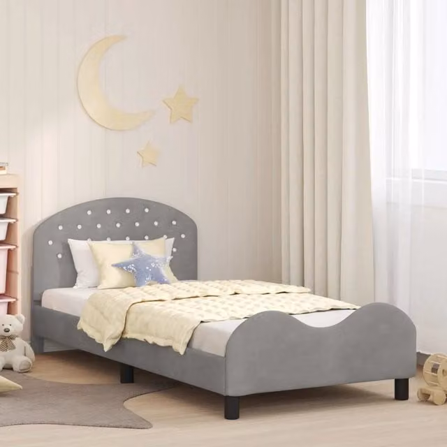 Struttura letto per bambini con testata e giroletto in tessuto velvet grigio chiaro L/P/H: 190 x 90 x 85 cm – 1