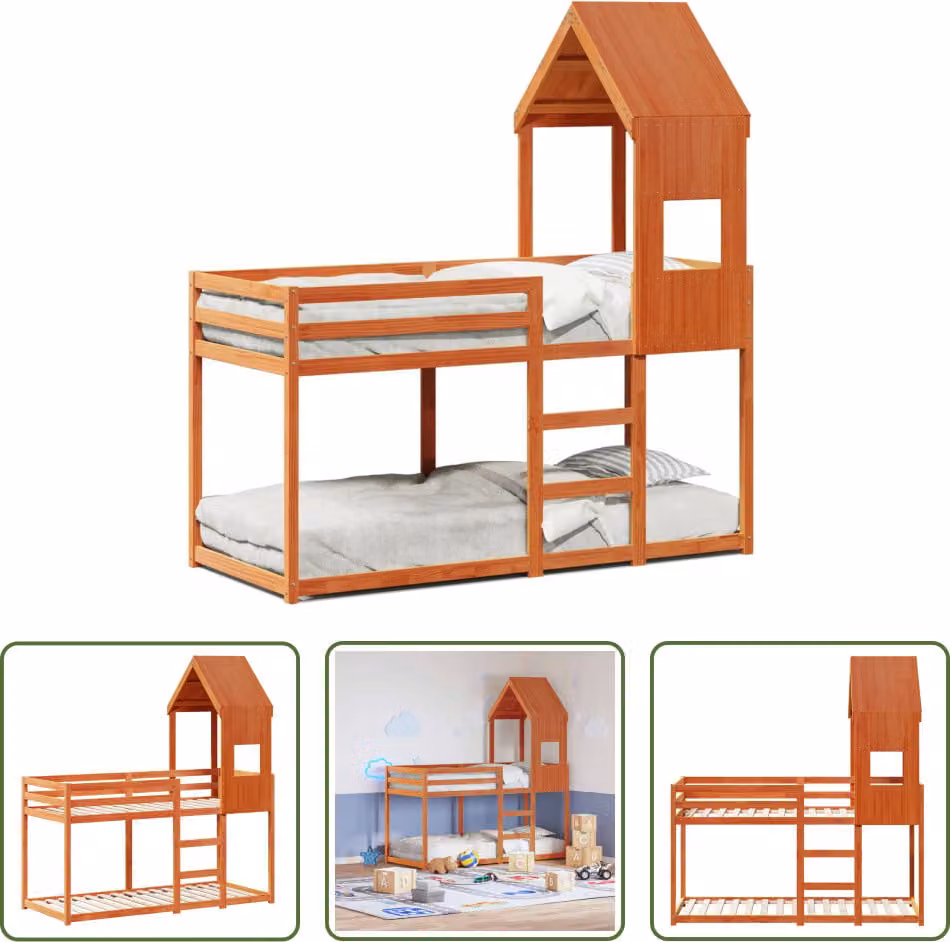 The Living Store Letto a castello con tetto marrone cera 90x190 cm in legno di pino massiccio