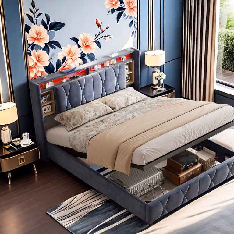 Letto imbottito UnboxG LED 140X200 cm, letto con ampio spazio di archiviazione e rete a doghe, struttura del letto a molle insacchettate in metallo, testata imbottita con ripiano e porta di ricarica USB, velluto, grigio