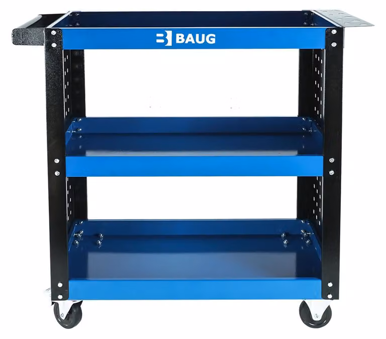 Carrello portautensili metallico, mobile,da officina con 3 ripiani, con ruote girevoli, pannelli laterali forati e supporto cacciaviti, per garage e fai da te Baug