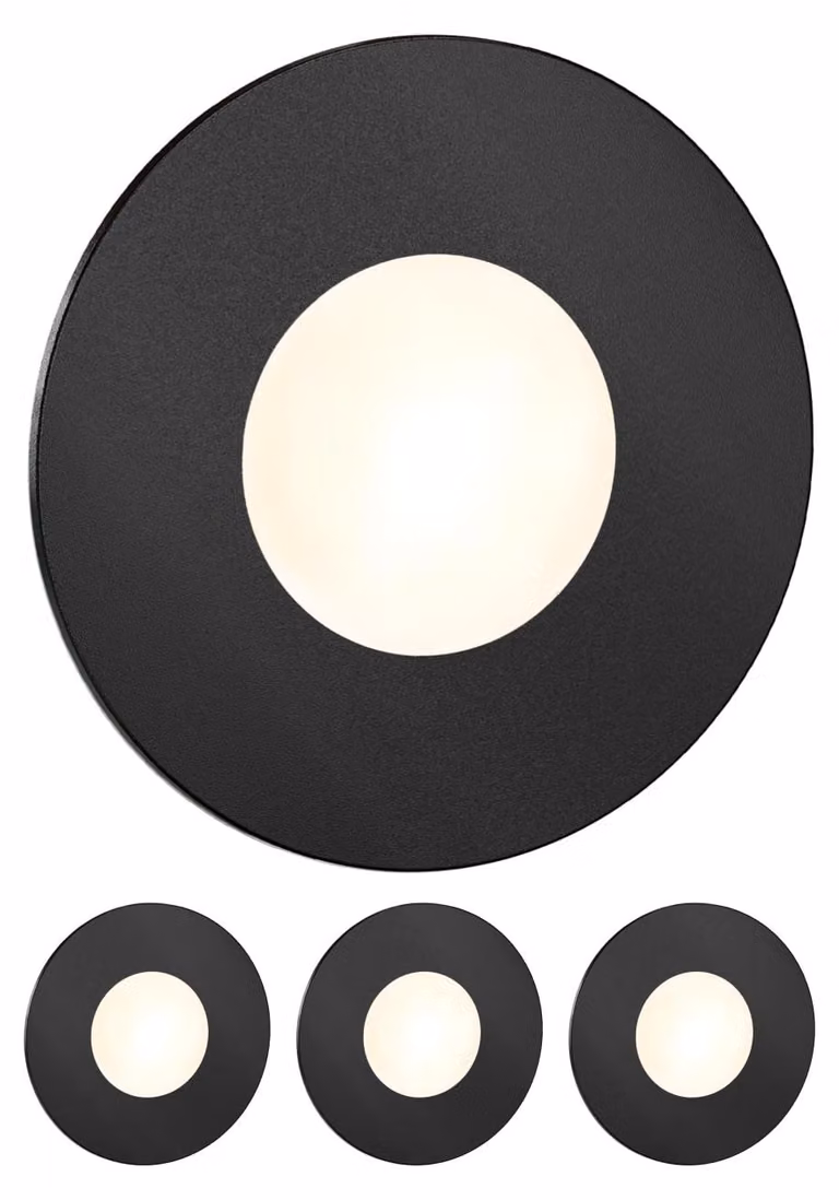 ledscom.de - 4 luci LED per scale/applique da parete FEX, per interni ed esterni, rotonde, nere, diametro 85 mm, luce bianco caldo