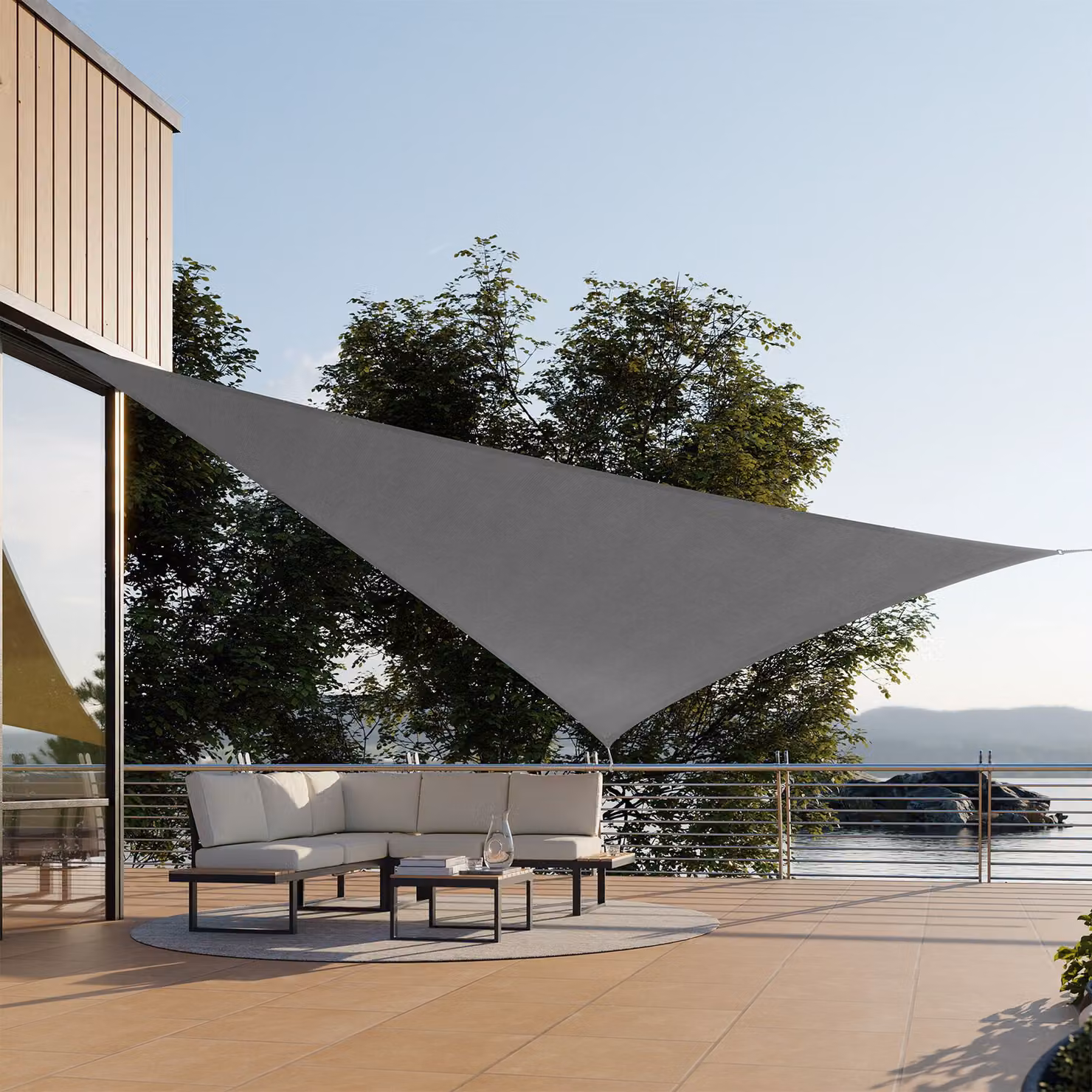 Vela ombreggiante triangolare TecTake GmbH in polietilene HDPE grigio con protezione UPF 50+ L/P/H: 5 x 5 x 5 m – 2