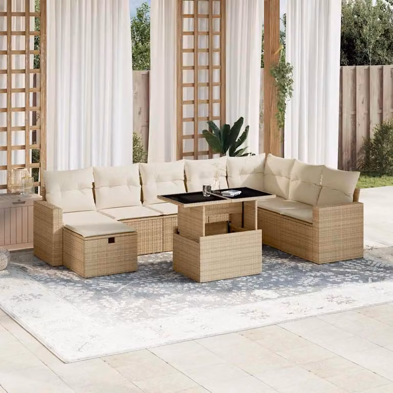 vidaXL Set Divano da Giardino a L 9 pz in Polyrattan Beige con Cuscini e Tavolino