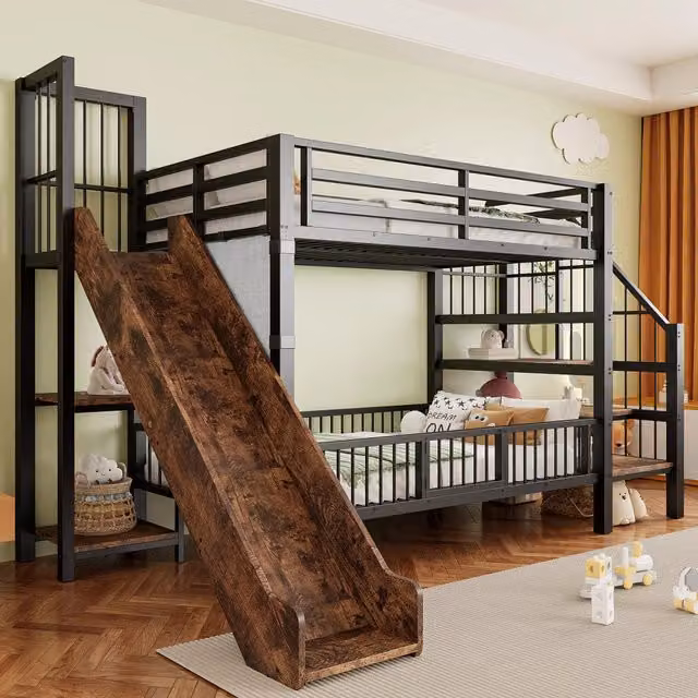 Letto a soppalco singolo nero con scala contenitore e ripiani in metallo e MDF L/P/H: 200 x 90 x 166,4 cm