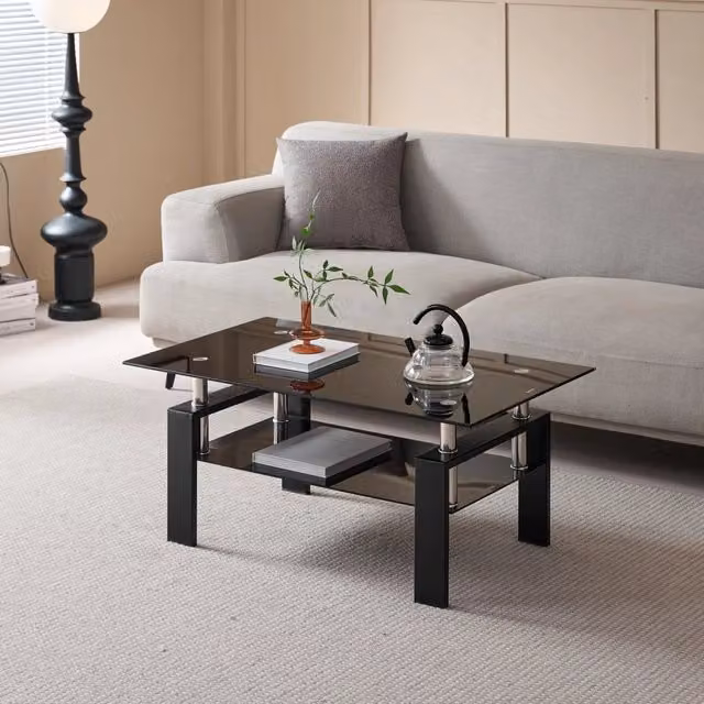 Tavolino basso Mivray per soggiorno con due ripiani in vetro temperato e metallo nero, L 100 cm x P 60 cm x H 44 cm