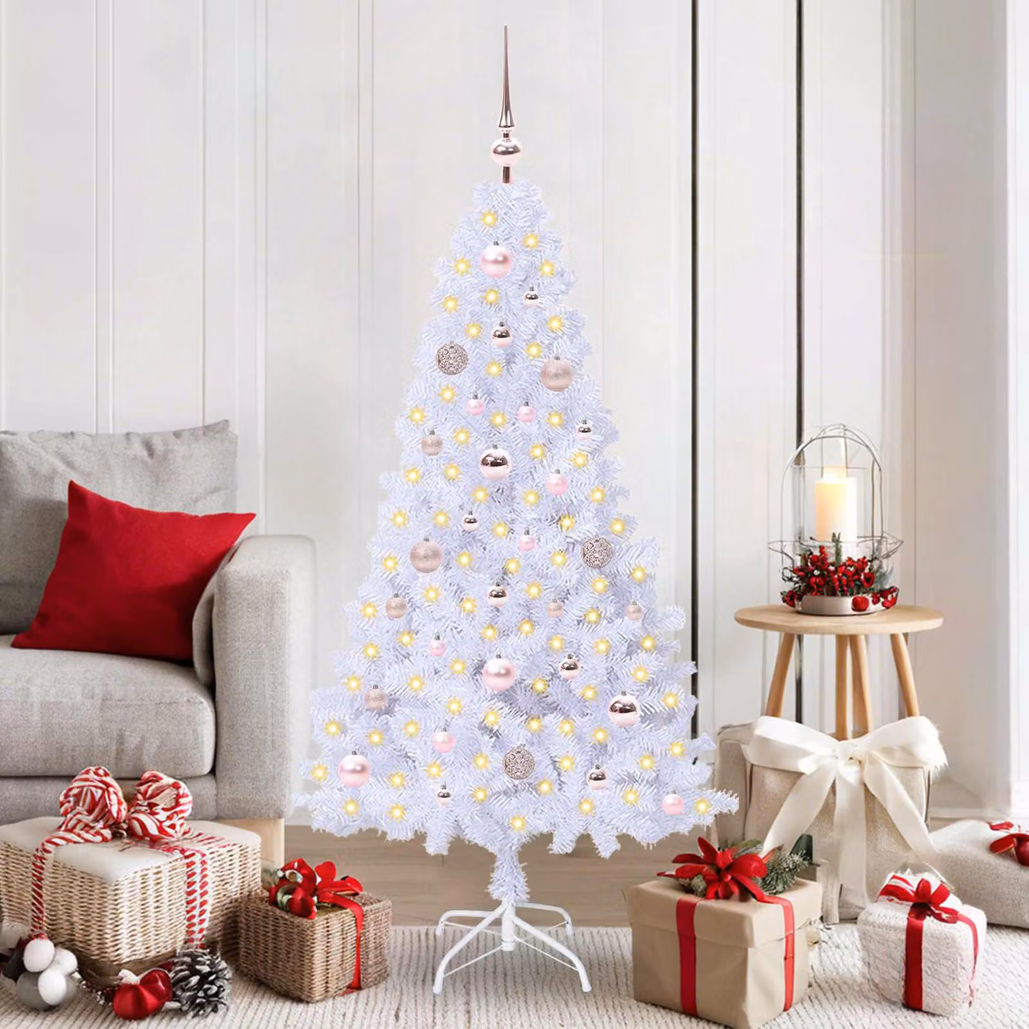 Albero di Natale artificiale moderno vidaXL bianco con luci LED, Altezza: 150 cm, in PVC e metallo