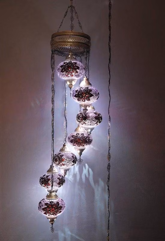 Lampada a sospensione turca - Lampada a mosaico realizzata a mano - Lampada da soffitto marocchina - 7 sfere - Lampadario viola