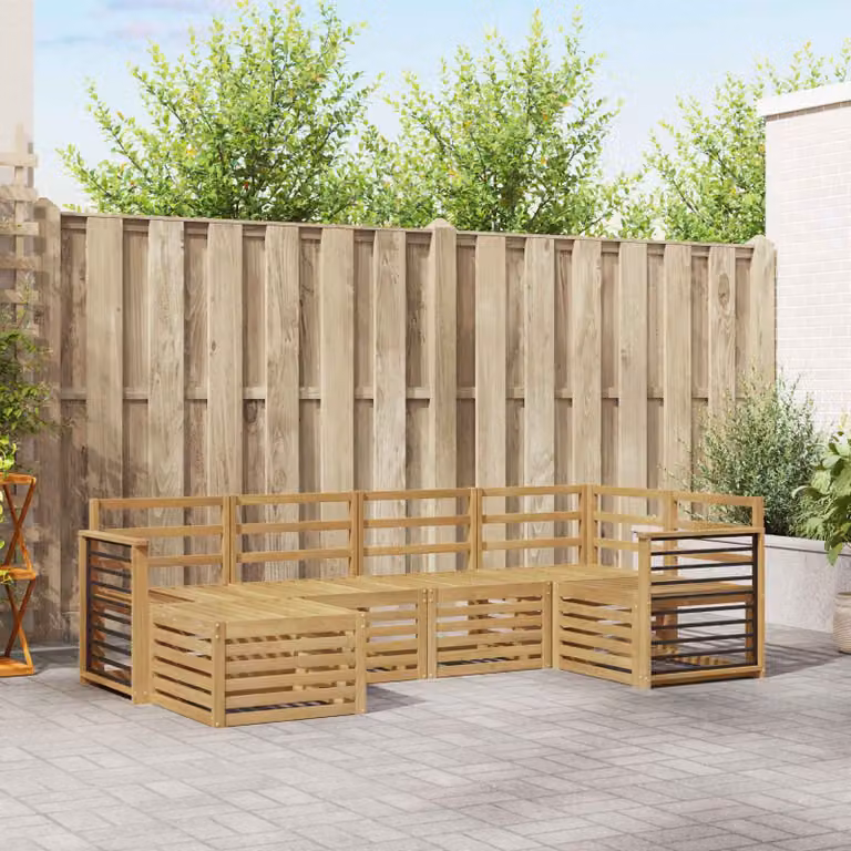 Set di divani da esterno vidaXL a forma di U composto da 6 pezzi in legno di acacia e poliestere bianco con cuscini inclusi