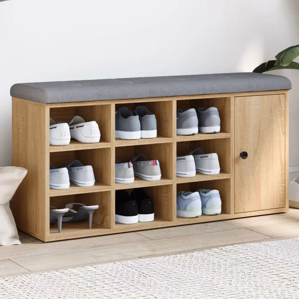 Panca Porta Scarpe Design In in Legno Rovere e Tessuto, L 102 cm x P 32 cm x H 50 cm, Colore Marrone e Grigio – 2