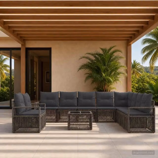 Set Divano da Giardino 11 pz vidaXL Grigio con Poltrone, Elementi Angolari e Tavolino da Caffè in Polyrattan e Metallo