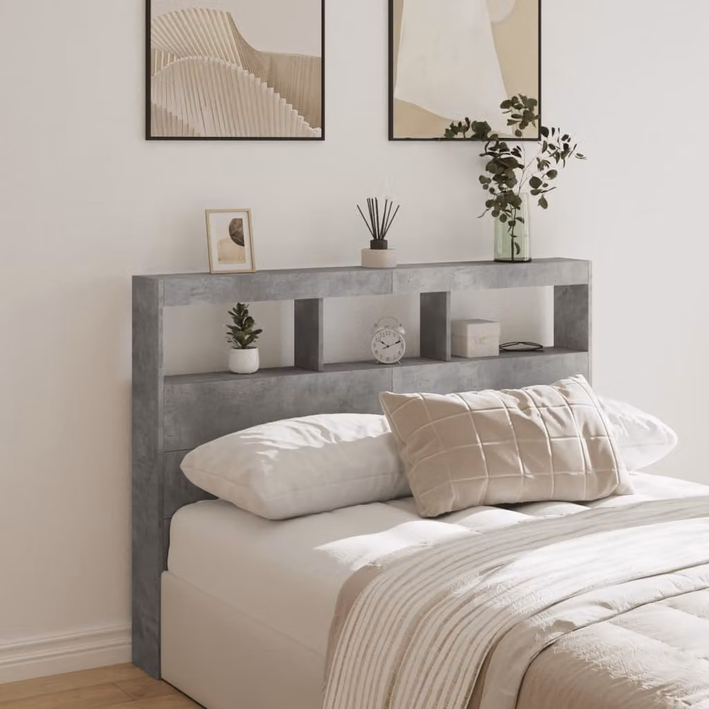 Testiera con contenitore vidaXL in grigio cemento con illuminazione LED, ripiano integrato e porta di ricarica USB, L/P/H: 140 x 17 x 102 cm