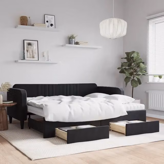 Divano Letto Estraibile con Cassetti Nero 90x200 cm in Velluto 3197139