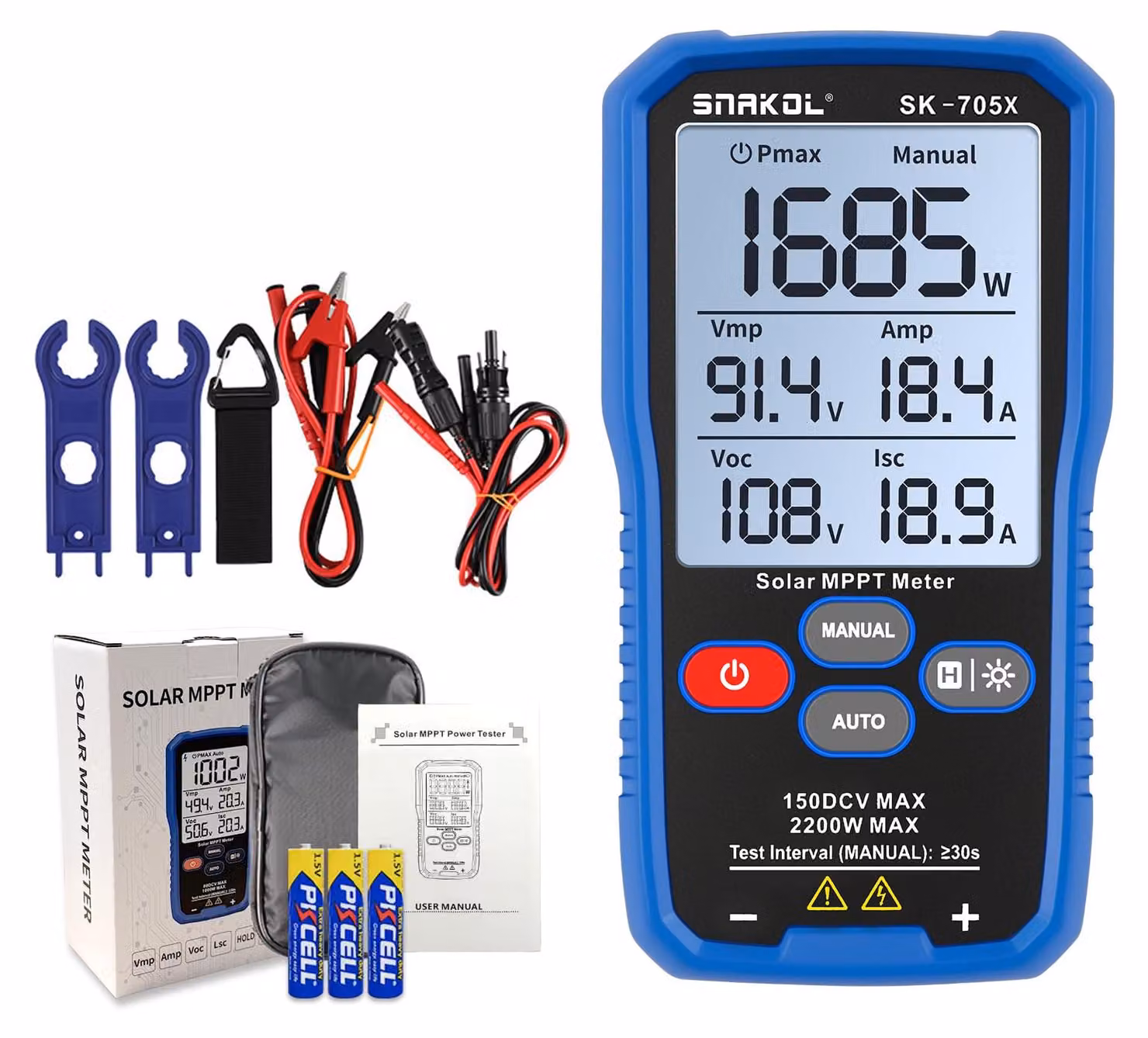 Tester di potenza MPPT solare per moduli fotovoltaici fino a 2200 W