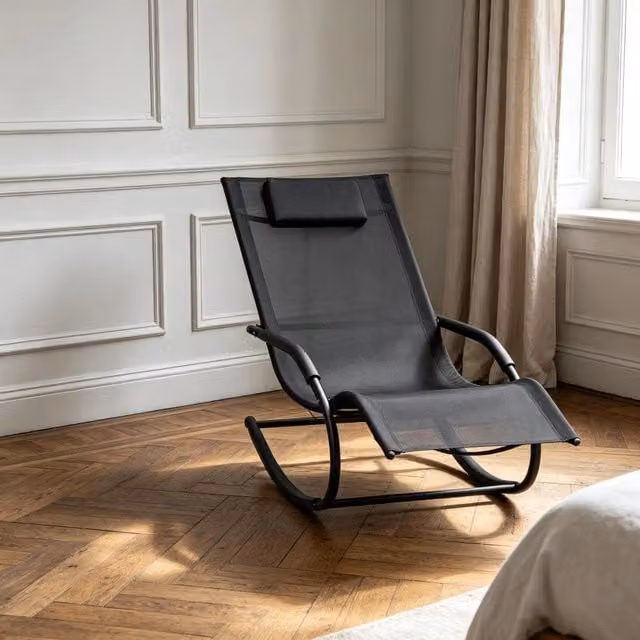 Sedia a dondolo da esterno WISHDOR in metallo zincato e textilene nera con braccioli L/P/H: 62 x 150 x 84 cm – 1