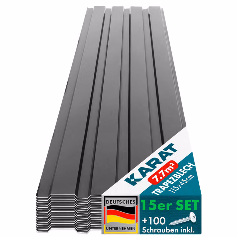 Set di lamiere trapezoidali Karat, 15 pezzi, 115x45 cm, lamiera per tetto 7,7 m² con viti incluse, lamiera zincata per pareti, lamiera profilata resistente alle intemperie per tettoie e casette da giardino, grigio scuro