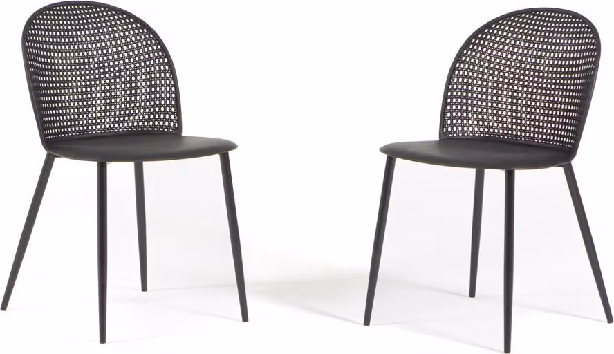 Set di 2 sedie in polipropilene con rinforzo in fibra di vetro e gambe in metallo, schienale in simil-vimini, design moderno e robusto per cucine,da pranzo, giardini coperti, terrazze coperte, bar e ristoranti - IVY - Nero