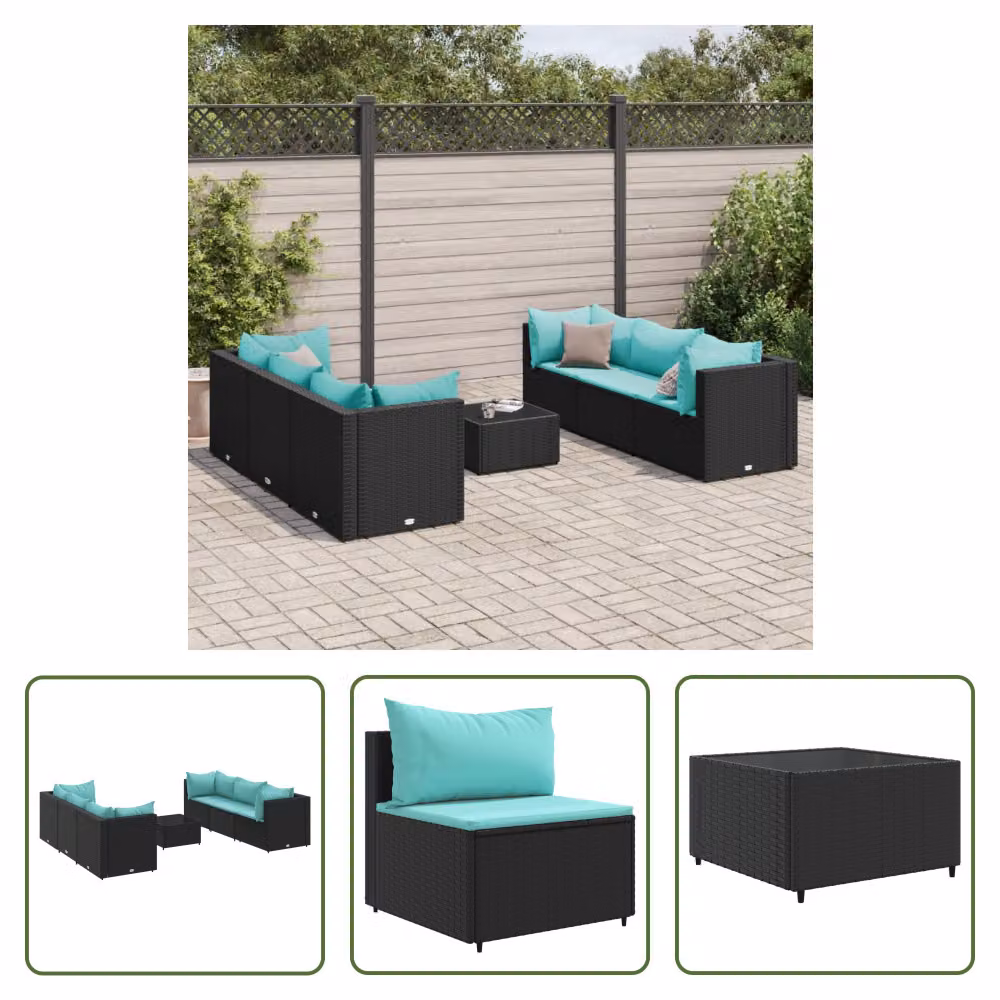 The Living Store Set da giardino 7 pezzi con cuscini in poly rattan nero