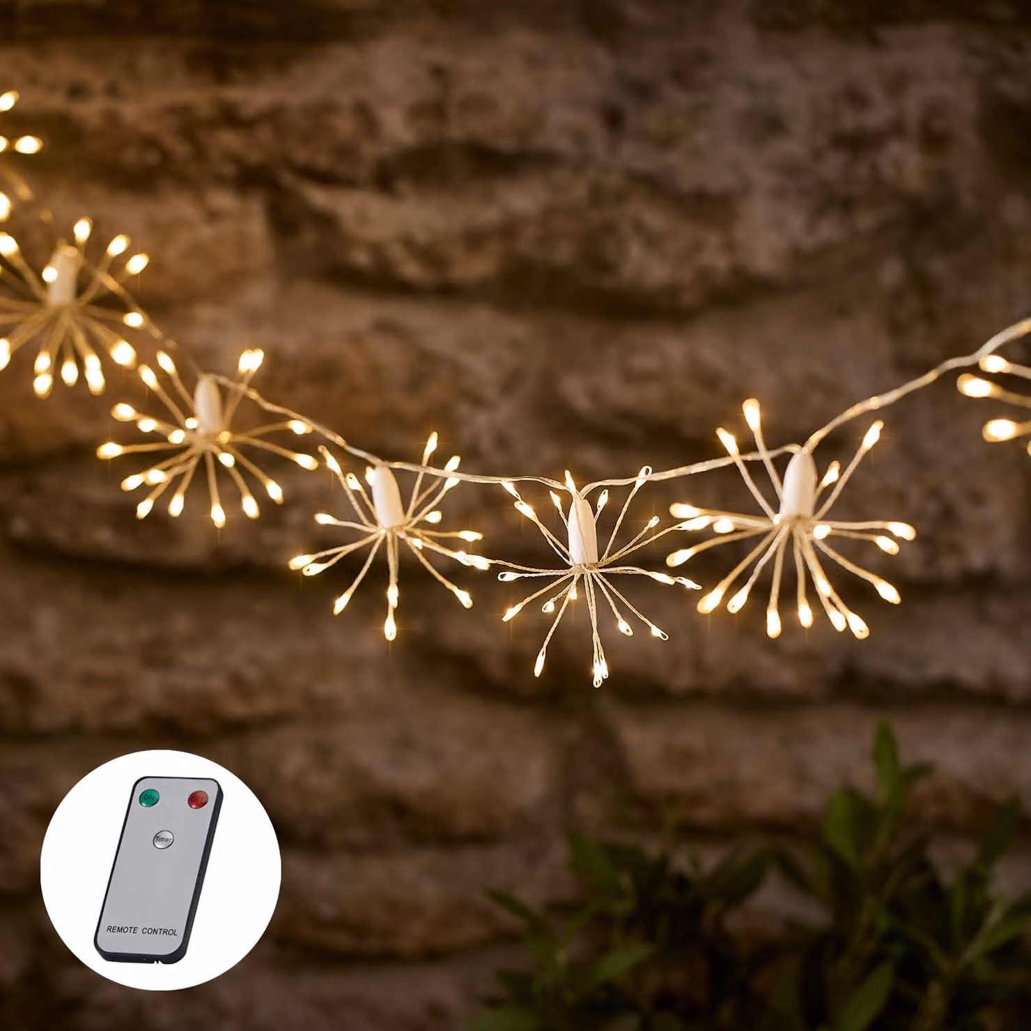 Catena luminosa solare con 200 LED bianco caldo, lunghezza 5 metri, grado di protezione IP44, con telecomando