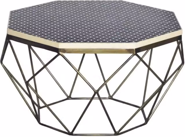 Tavolino basso NEXORA 69 cm in poliresina nera e ferro con finitura in ottone e design geometrico