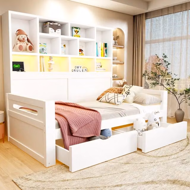 Letto singolo multifunzione 90x200 cm con armadio aperto; cassetti; LED; USB e vani portaoggetti; legno bianco
