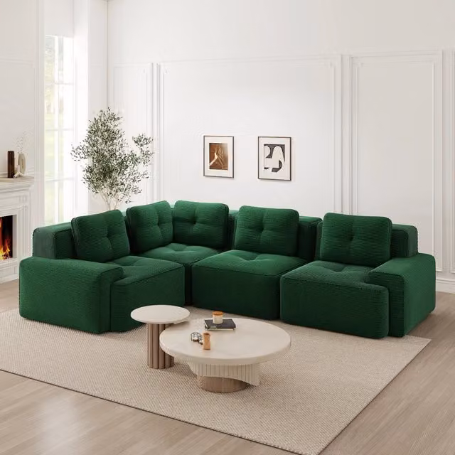 Divano Modulare da Salotto Minimal in Velluto a Coste Verde con Forma a L e Seduta Morbida