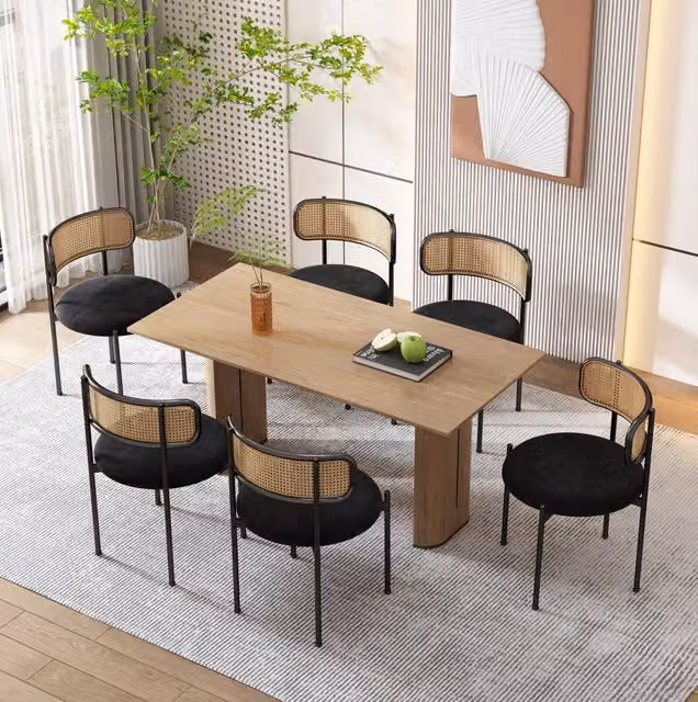 Sedia da pranzo in velluto nero con schienale effetto rattan; gambe in metallo; set da 6