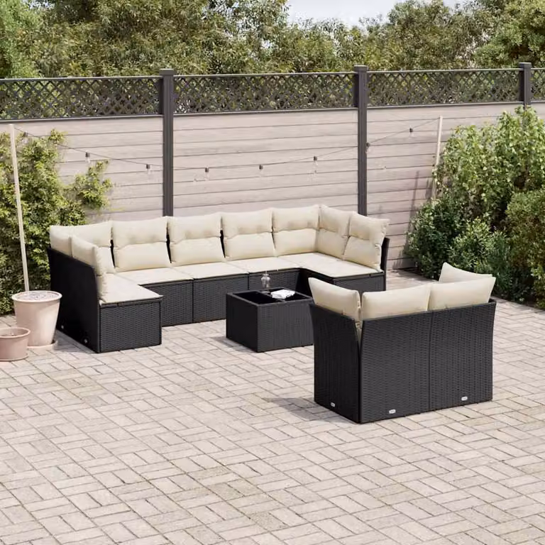 vidaXL Set Divani da Giardino 10 Pezzi in Polyrattan Nero con Cuscini e Tavolino da Esterno